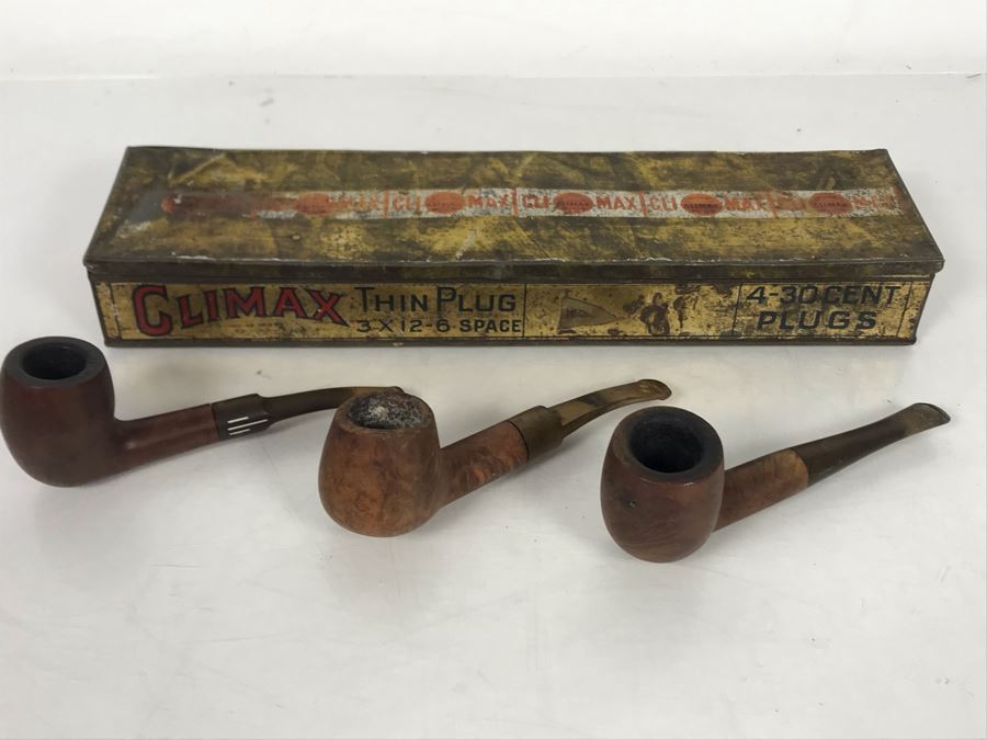 (3) Vintage Hand Carved Wooden Smoking Pipes And Vintage Climax Tin [Photo 6]