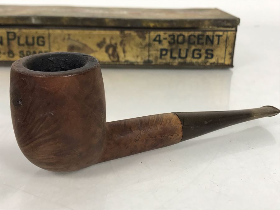 (3) Vintage Hand Carved Wooden Smoking Pipes And Vintage Climax Tin