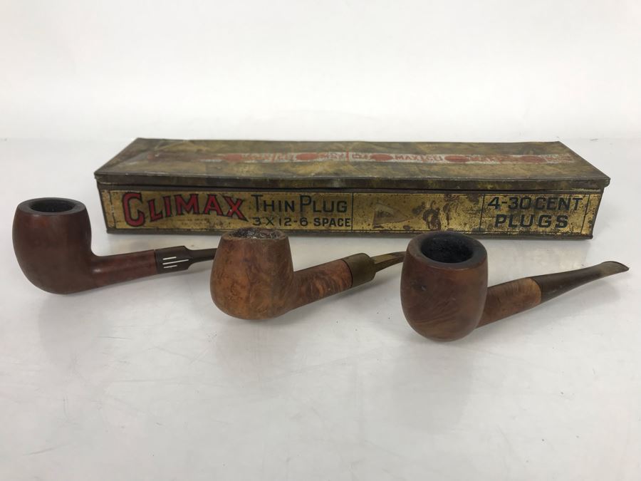 (3) Vintage Hand Carved Wooden Smoking Pipes And Vintage Climax Tin [Photo 1]
