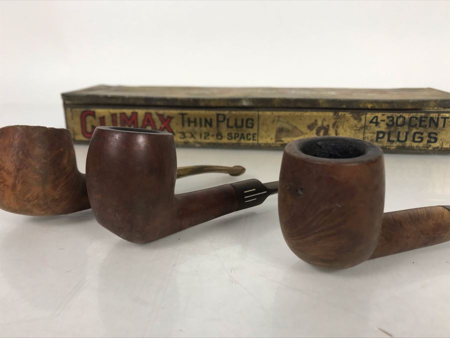 (3) Vintage Hand Carved Wooden Smoking Pipes And Vintage Climax Tin [Photo 15]