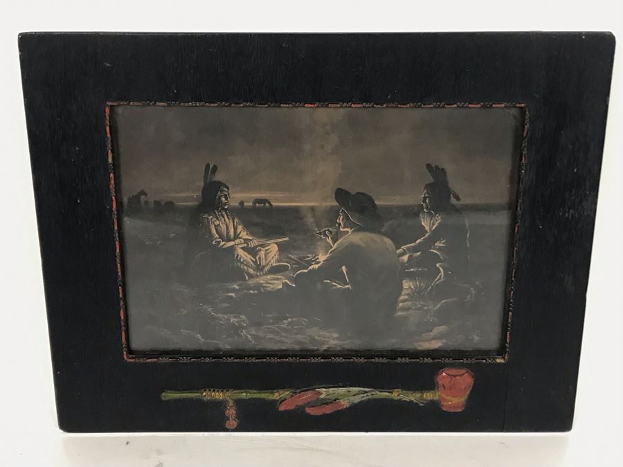 Antique Indian Cowboy Print In Vintage Wooden Frame With Native American Relief Peace Pipe 12 X 9.5 [Photo 3]