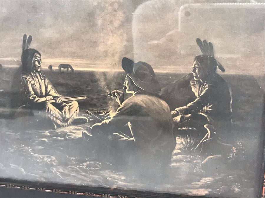 Antique Indian Cowboy Print In Vintage Wooden Frame With Native American Relief Peace Pipe 12 X 9.5 [Photo 6]