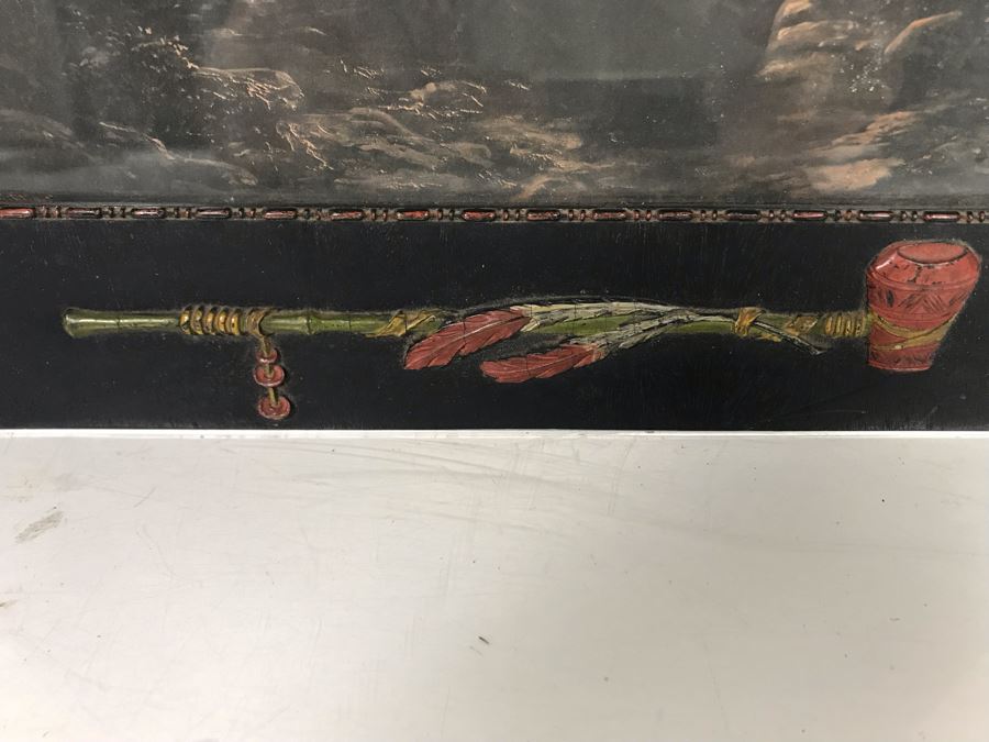 Antique Indian Cowboy Print In Vintage Wooden Frame With Native American Relief Peace Pipe 12 X 9.5 [Photo 5]