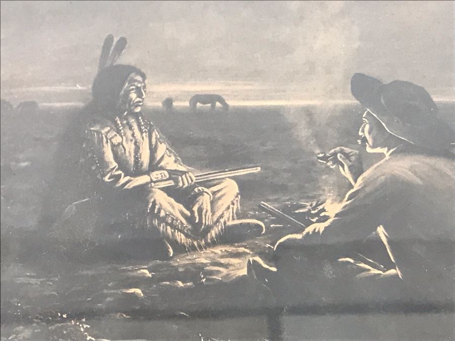 Antique Indian Cowboy Print In Vintage Wooden Frame With Native American Relief Peace Pipe 12 X 9.5 [Photo 8]