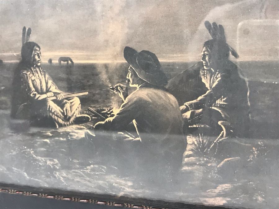Antique Indian Cowboy Print In Vintage Wooden Frame With Native American Relief Peace Pipe 12 X 9.5 [Photo 7]