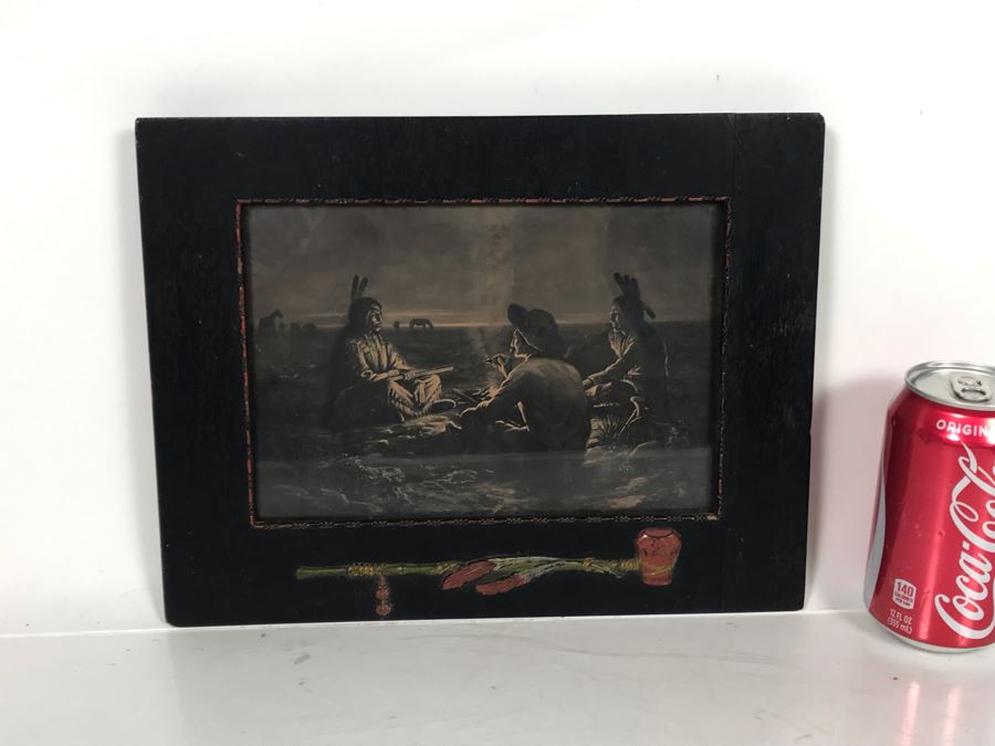 Antique Indian Cowboy Print In Vintage Wooden Frame With Native American Relief Peace Pipe 12 X 9.5 [Photo 2]