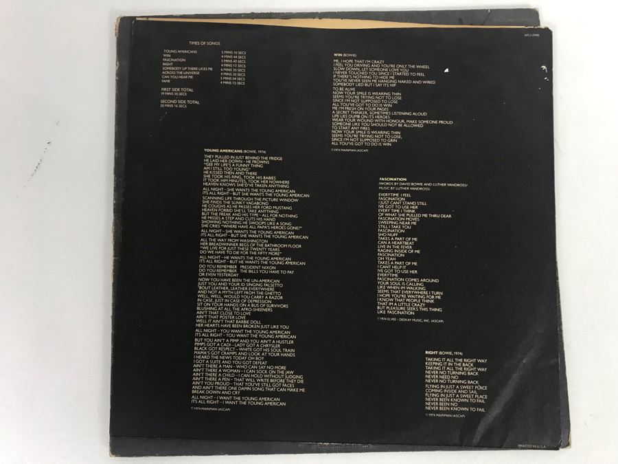 Vintage 1975 David Bowie Young Americans Vinyl Record APL1-0998 [Photo 3]