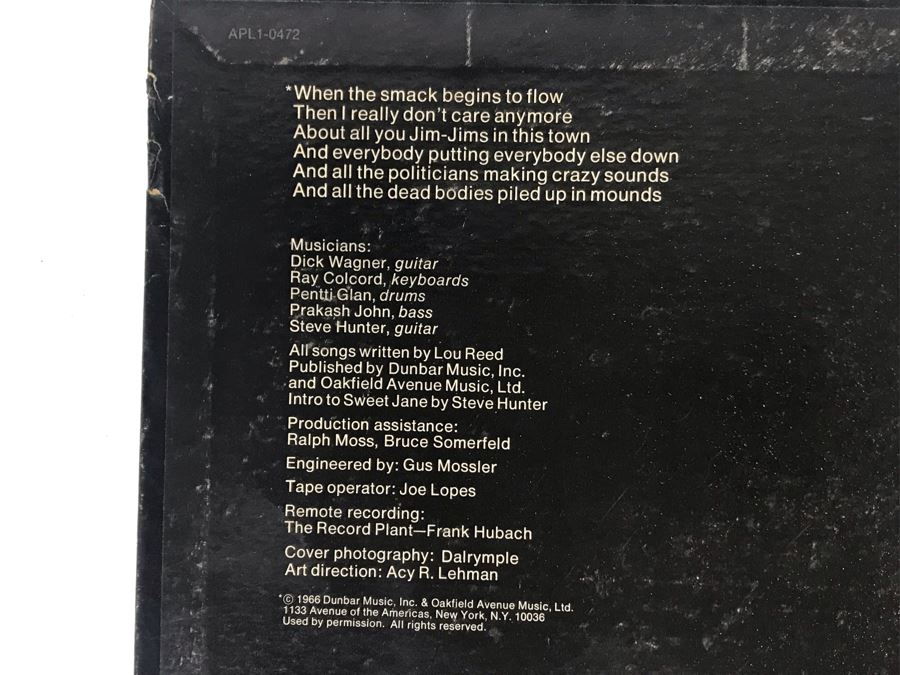 Vintage 1974 Lou Reed Rock N Roll Animal Vinyl Record APL1-0472 [Photo 4]