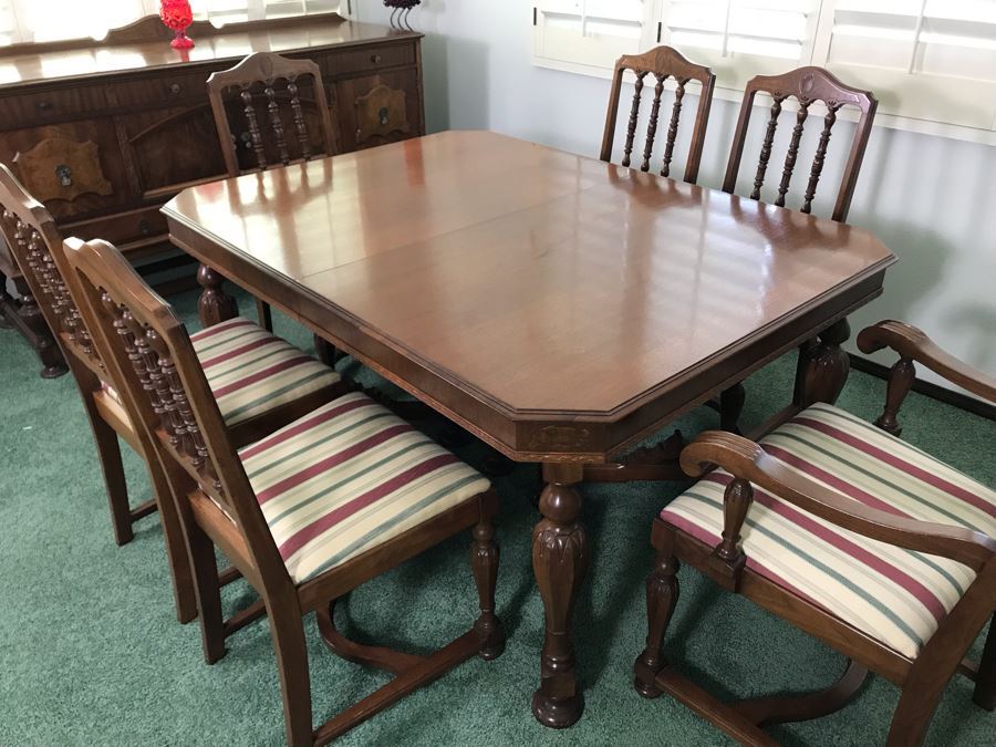 Custom Formal Wooden Dining Table 60W X 44D X 30H With 2 Leaves 18W And (6) Chairs Designed For Cannell & Chaffin Of Los Angeles (Cannell & Chaffin Helped Furnish Hearst Castle) [Photo 3]