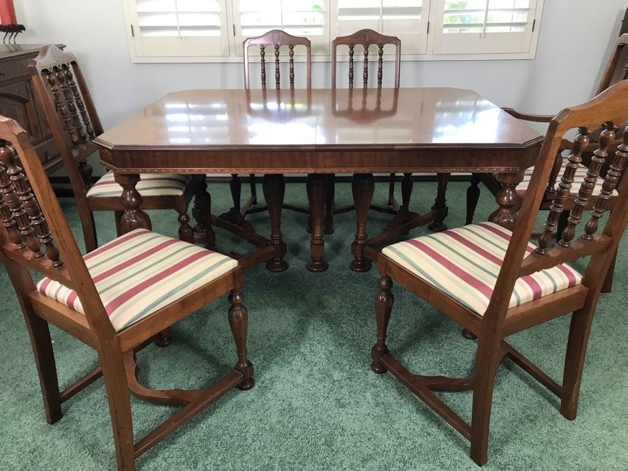 Custom Formal Wooden Dining Table 60W X 44D X 30H With 2 Leaves 18W And (6) Chairs Designed For Cannell & Chaffin Of Los Angeles (Cannell & Chaffin Helped Furnish Hearst Castle) [Photo 16]