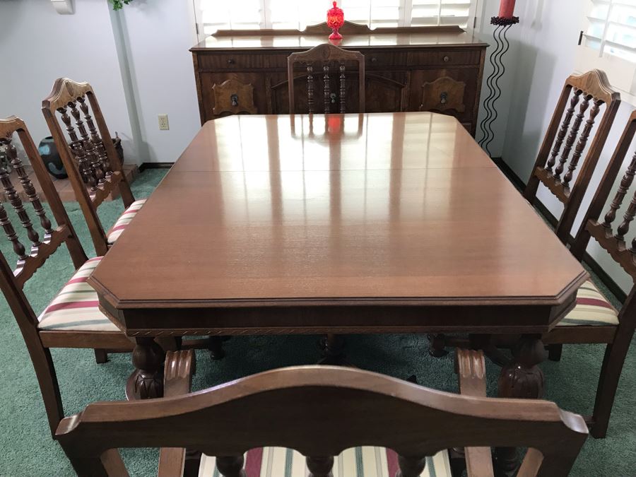 Custom Formal Wooden Dining Table 60W X 44D X 30H With 2 Leaves 18W And (6) Chairs Designed For Cannell & Chaffin Of Los Angeles (Cannell & Chaffin Helped Furnish Hearst Castle) [Photo 7]