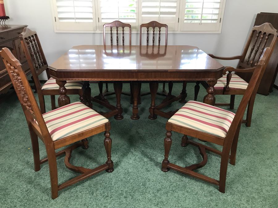Custom Formal Wooden Dining Table 60W X 44D X 30H With 2 Leaves 18W And (6) Chairs Designed For Cannell & Chaffin Of Los Angeles (Cannell & Chaffin Helped Furnish Hearst Castle) [Photo 13]