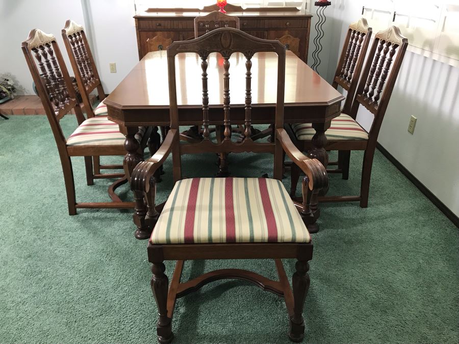 Custom Formal Wooden Dining Table 60W X 44D X 30H With 2 Leaves 18W And (6) Chairs Designed For Cannell & Chaffin Of Los Angeles (Cannell & Chaffin Helped Furnish Hearst Castle) [Photo 11]