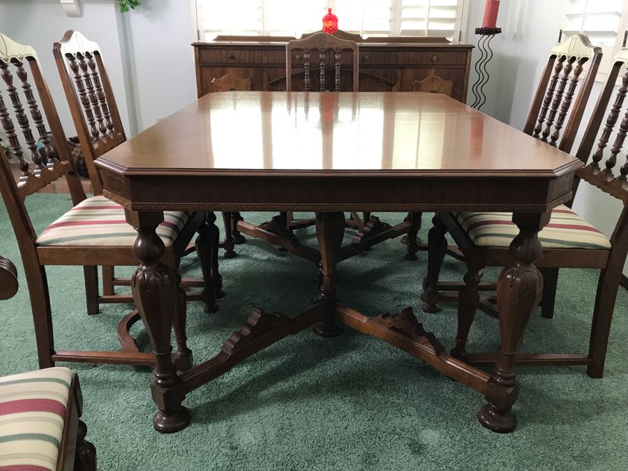 Custom Formal Wooden Dining Table 60W X 44D X 30H With 2 Leaves 18W And (6) Chairs Designed For Cannell & Chaffin Of Los Angeles (Cannell & Chaffin Helped Furnish Hearst Castle) [Photo 8]