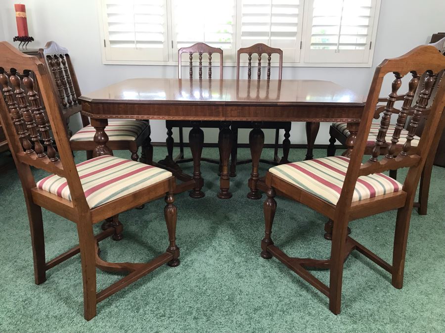 Custom Formal Wooden Dining Table 60W X 44D X 30H With 2 Leaves 18W And (6) Chairs Designed For Cannell & Chaffin Of Los Angeles (Cannell & Chaffin Helped Furnish Hearst Castle) [Photo 15]