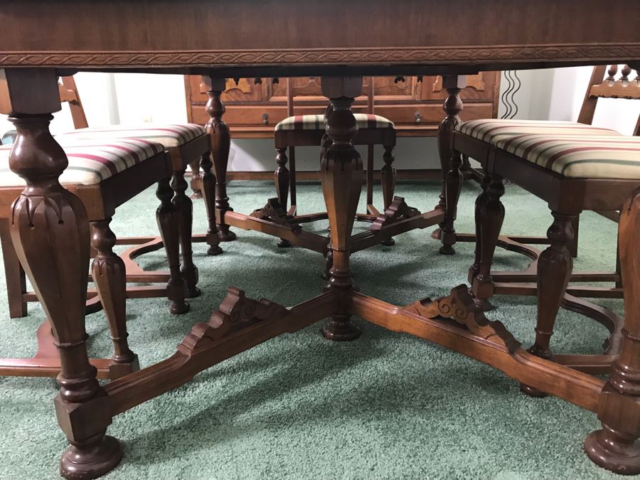 Custom Formal Wooden Dining Table 60W X 44D X 30H With 2 Leaves 18W And (6) Chairs Designed For Cannell & Chaffin Of Los Angeles (Cannell & Chaffin Helped Furnish Hearst Castle) [Photo 9]