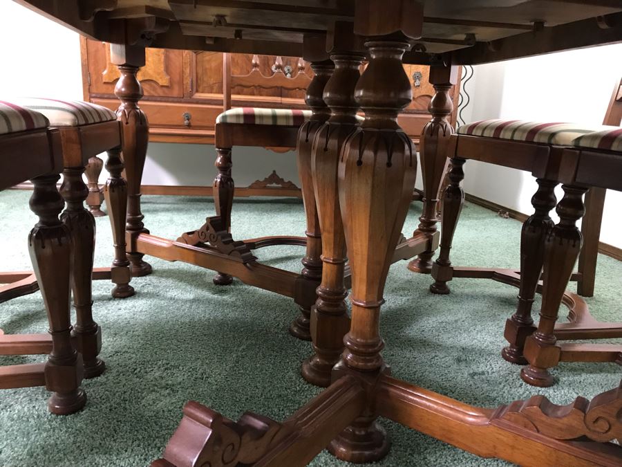 Custom Formal Wooden Dining Table 60W X 44D X 30H With 2 Leaves 18W And (6) Chairs Designed For Cannell & Chaffin Of Los Angeles (Cannell & Chaffin Helped Furnish Hearst Castle) [Photo 10]