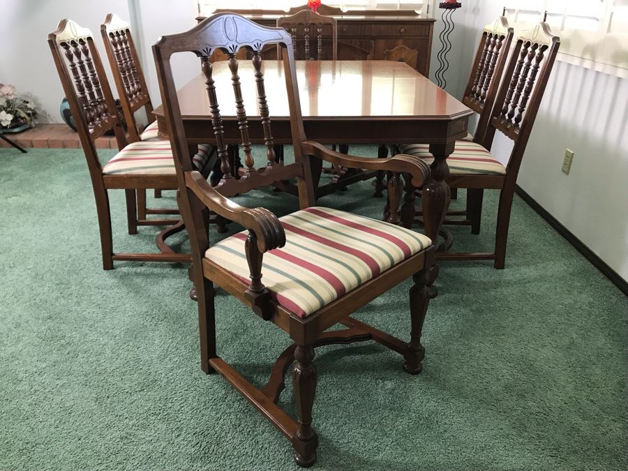 Custom Formal Wooden Dining Table 60W X 44D X 30H With 2 Leaves 18W And (6) Chairs Designed For Cannell & Chaffin Of Los Angeles (Cannell & Chaffin Helped Furnish Hearst Castle) [Photo 12]
