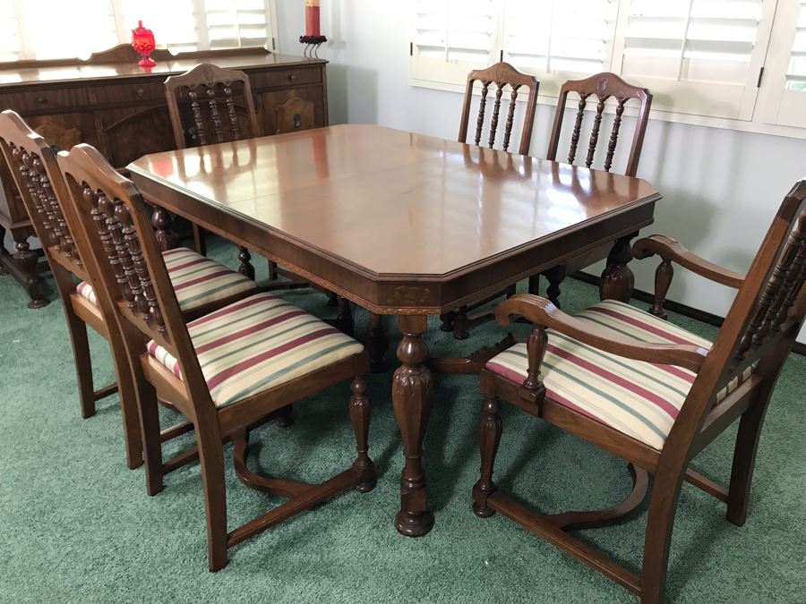 Custom Formal Wooden Dining Table 60W X 44D X 30H With 2 Leaves 18W And (6) Chairs Designed For Cannell & Chaffin Of Los Angeles (Cannell & Chaffin Helped Furnish Hearst Castle) [Photo 1]