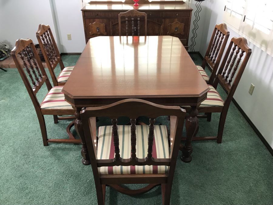 Custom Formal Wooden Dining Table 60W X 44D X 30H With 2 Leaves 18W And (6) Chairs Designed For Cannell & Chaffin Of Los Angeles (Cannell & Chaffin Helped Furnish Hearst Castle) [Photo 6]