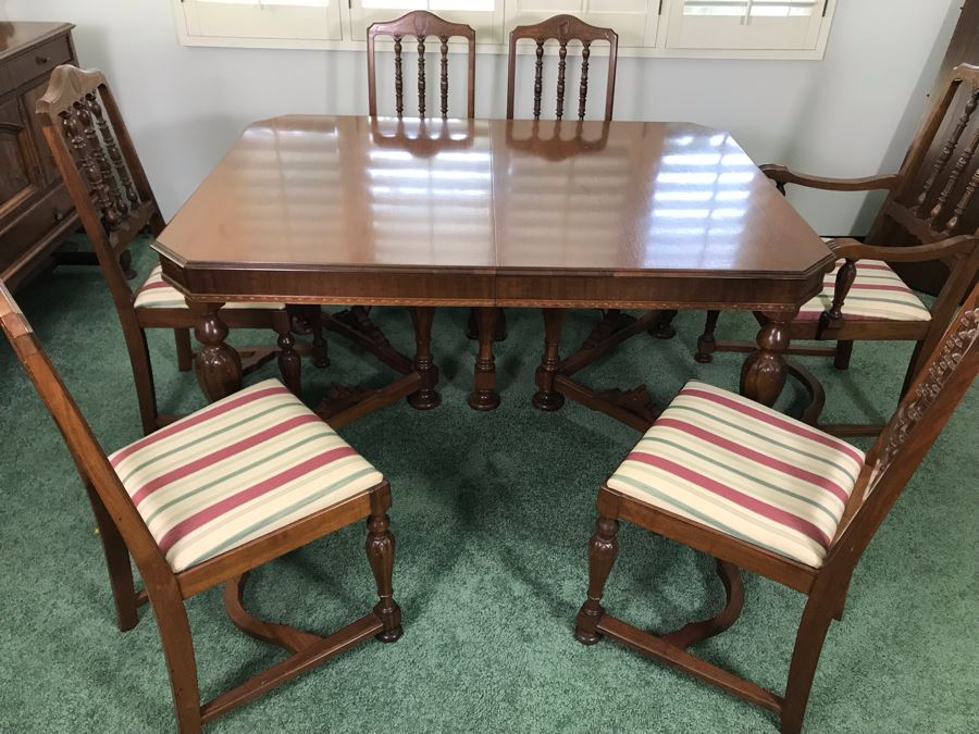 Custom Formal Wooden Dining Table 60W X 44D X 30H With 2 Leaves 18W And (6) Chairs Designed For Cannell & Chaffin Of Los Angeles (Cannell & Chaffin Helped Furnish Hearst Castle) [Photo 14]