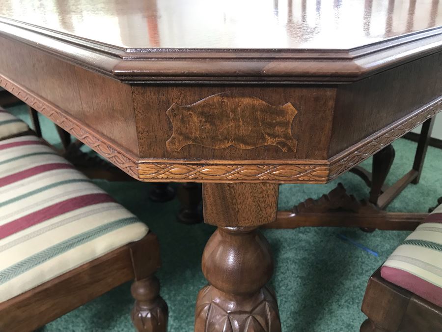 Custom Formal Wooden Dining Table 60W X 44D X 30H With 2 Leaves 18W And (6) Chairs Designed For Cannell & Chaffin Of Los Angeles (Cannell & Chaffin Helped Furnish Hearst Castle) [Photo 4]