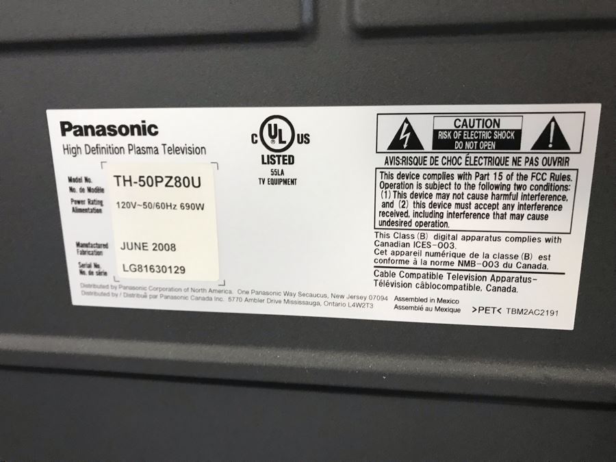 Panasonic High Definition Plasma Television 50in TH50PZ80U