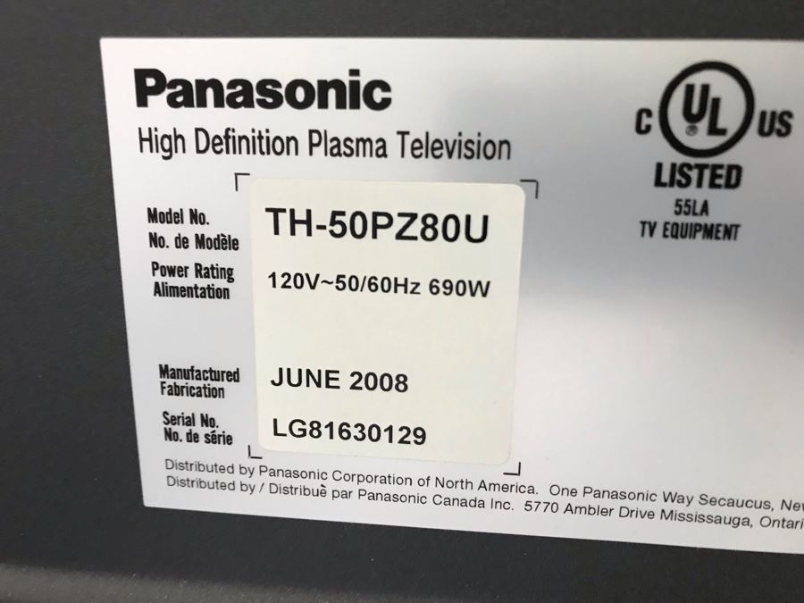 Panasonic High Definition Plasma Television 50in TH50PZ80U