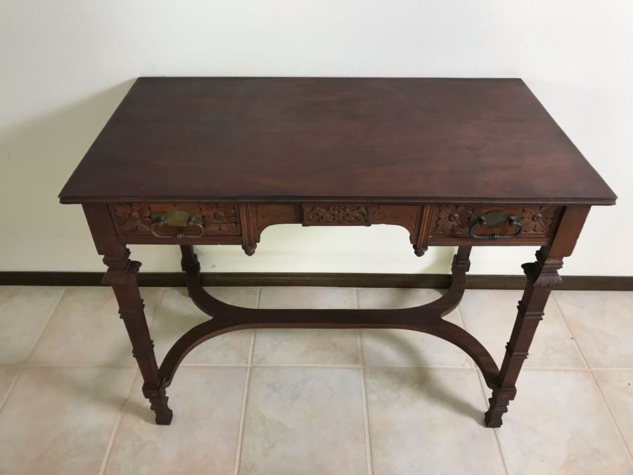 Antique Wooden Table Partner's Desk With 2-Drawers (Each Side Has Faux Drawer) 36W X 20D X 28H [Photo 4]