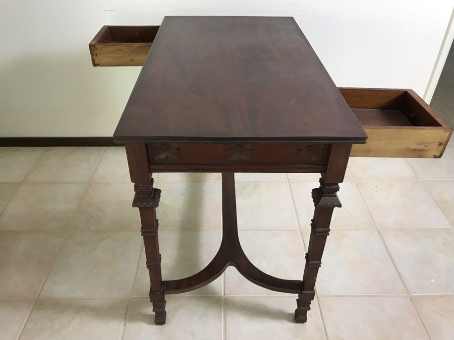 Antique Wooden Table Partner's Desk With 2-Drawers (Each Side Has Faux Drawer) 36W X 20D X 28H [Photo 8]