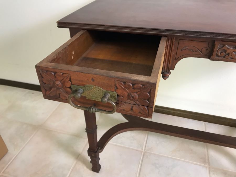 Antique Wooden Table Partner's Desk With 2-Drawers (Each Side Has Faux Drawer) 36W X 20D X 28H [Photo 5]