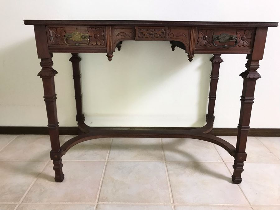 Antique Wooden Table Partner's Desk With 2-Drawers (Each Side Has Faux Drawer) 36W X 20D X 28H [Photo 3]