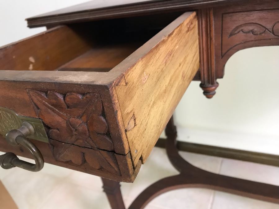 Antique Wooden Table Partner's Desk With 2-Drawers (Each Side Has Faux Drawer) 36W X 20D X 28H [Photo 6]