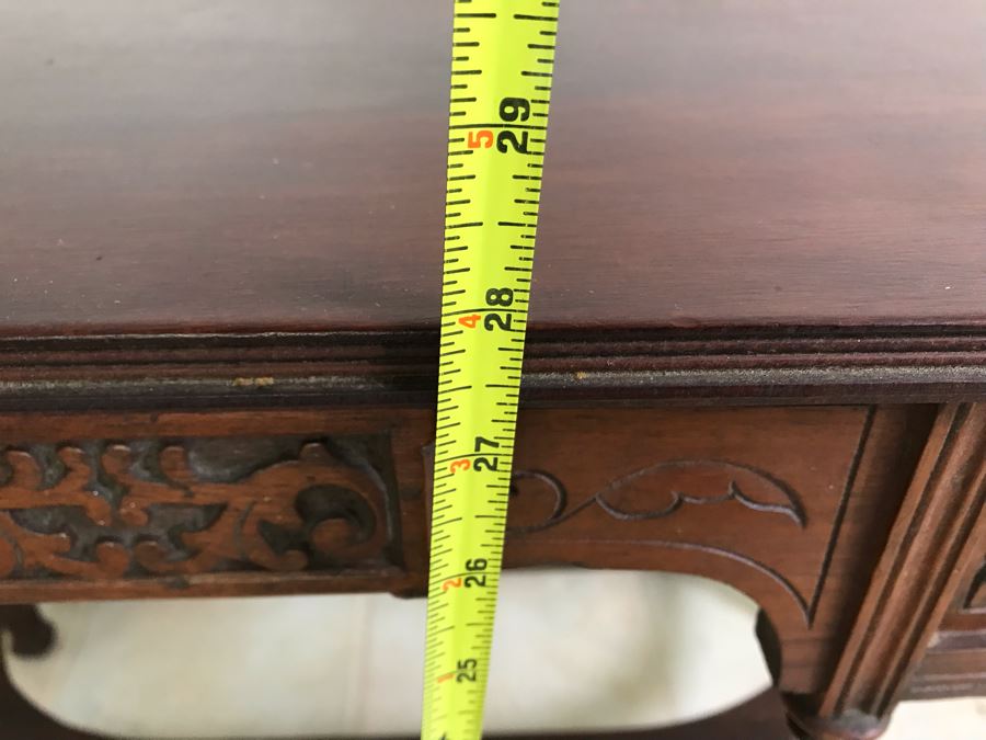 Antique Wooden Table Partner's Desk With 2-Drawers (Each Side Has Faux Drawer) 36W X 20D X 28H [Photo 13]