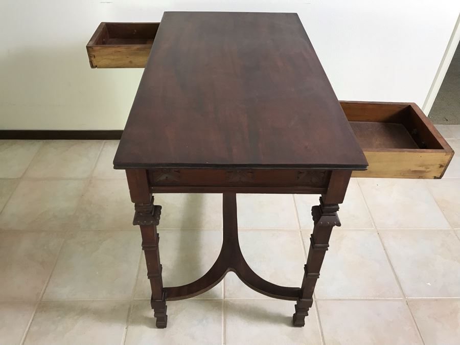 Antique Wooden Table Partner's Desk With 2-Drawers (Each Side Has Faux Drawer) 36W X 20D X 28H [Photo 9]