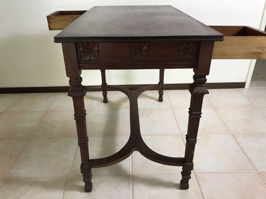 Antique Wooden Table Partner's Desk With 2-Drawers (Each Side Has Faux Drawer) 36W X 20D X 28H [Photo 10]