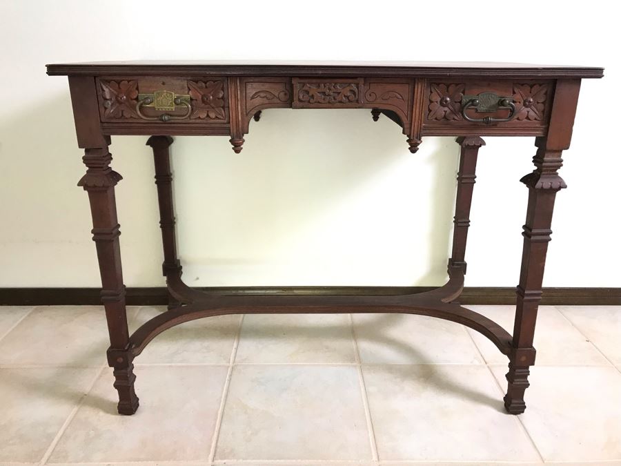 Antique Wooden Table Partner's Desk With 2-Drawers (Each Side Has Faux Drawer) 36W X 20D X 28H [Photo 1]