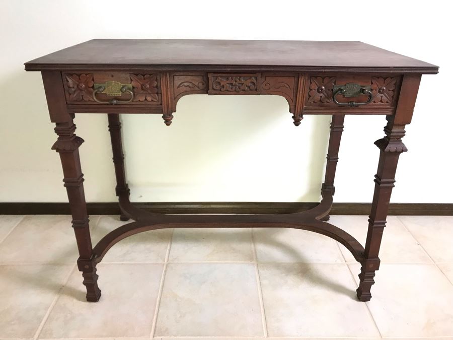 Antique Wooden Table Partner's Desk With 2-Drawers (Each Side Has Faux Drawer) 36W X 20D X 28H [Photo 2]