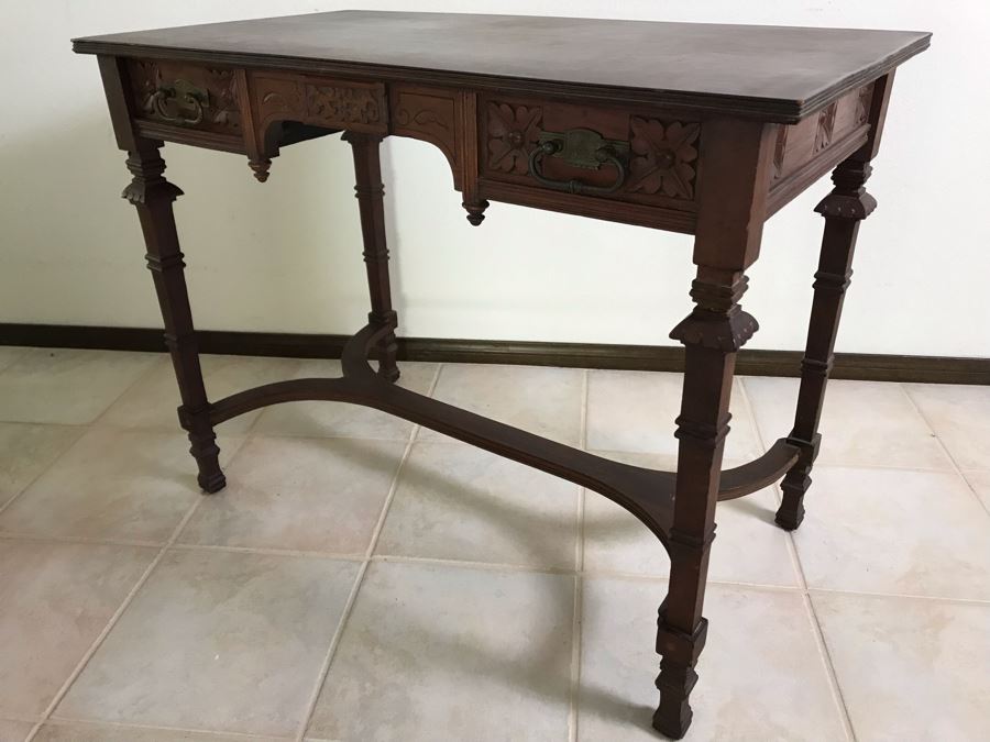Antique Wooden Table Partner's Desk With 2-Drawers (Each Side Has Faux Drawer) 36W X 20D X 28H [Photo 7]