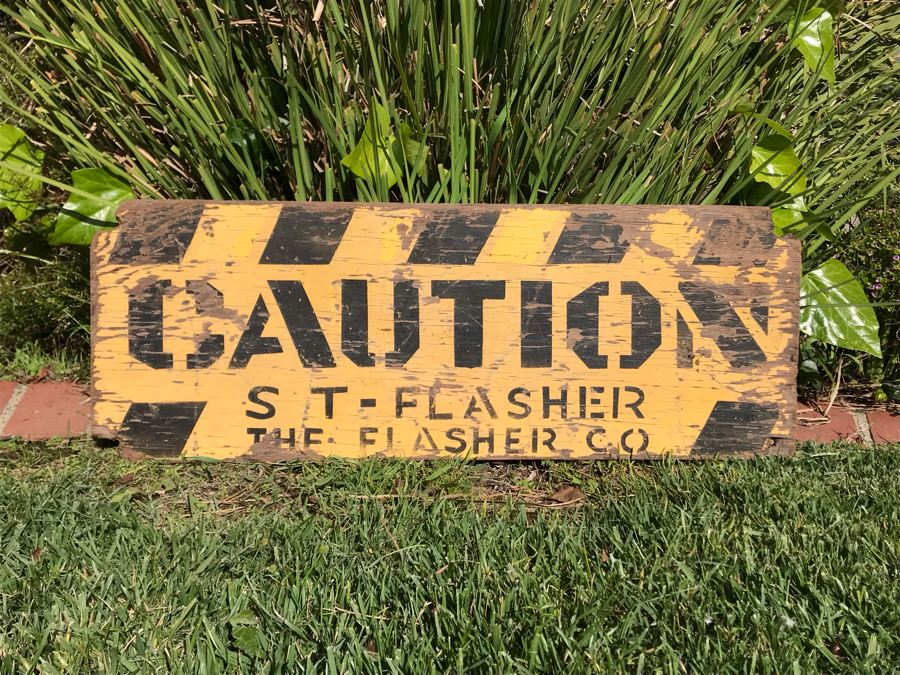 Vintage Wooden Sign: Caution St-Flasher The Flasher Co 32W X 12H [Photo 1]