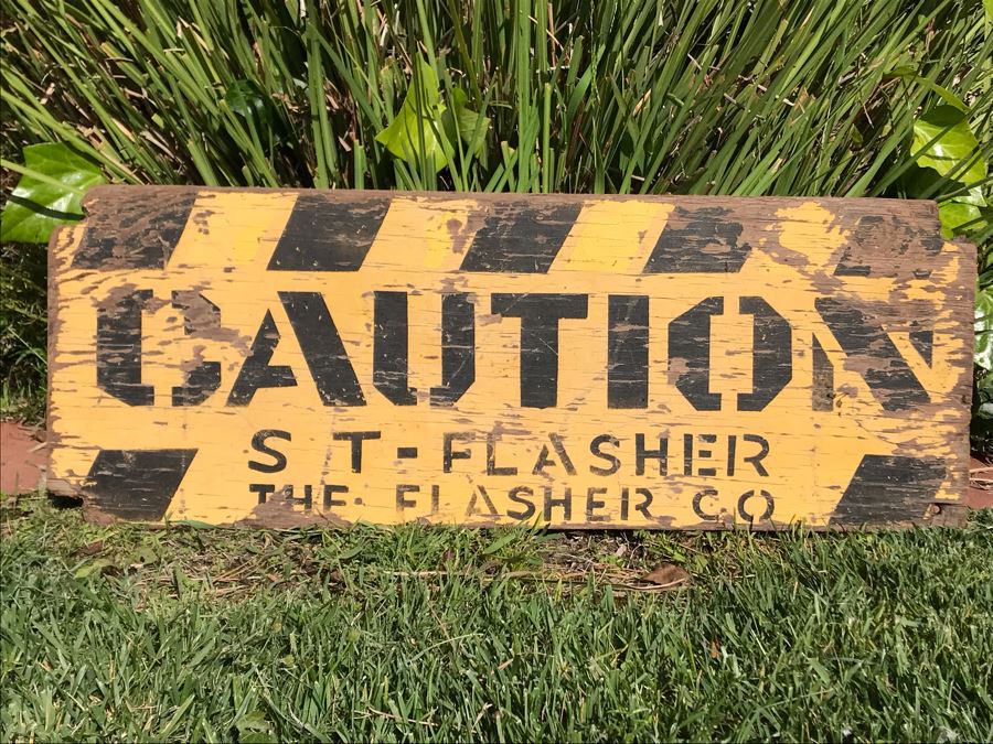 Vintage Wooden Sign: Caution St-Flasher The Flasher Co 32W X 12H [Photo 2]