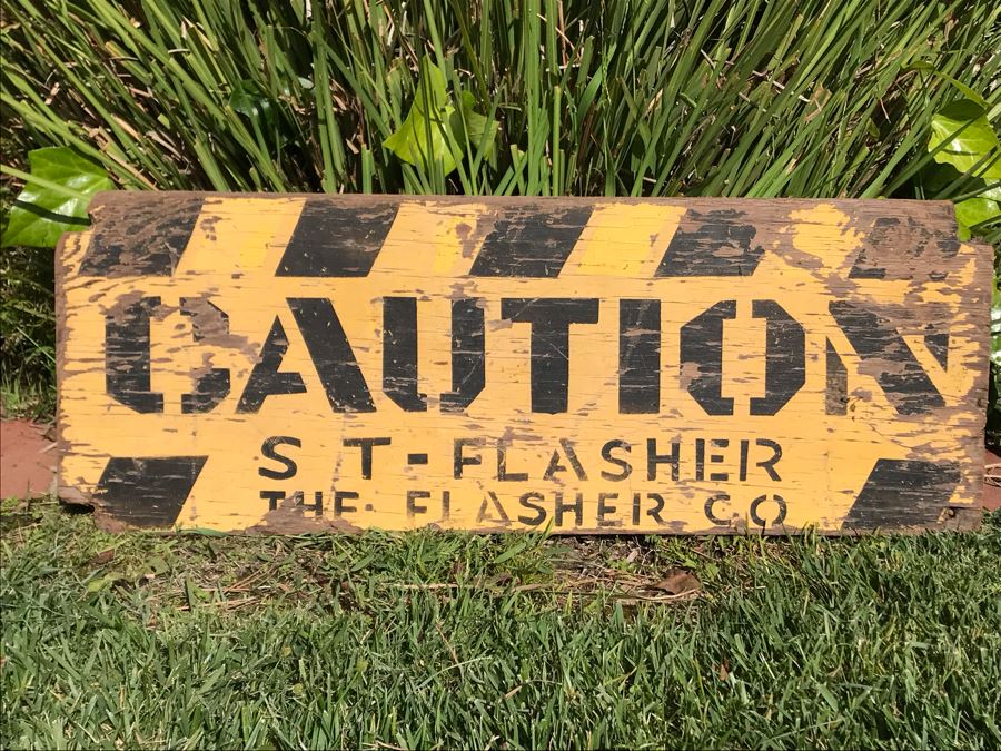Vintage Wooden Sign: Caution St-Flasher The Flasher Co 32W X 12H [Photo 3]