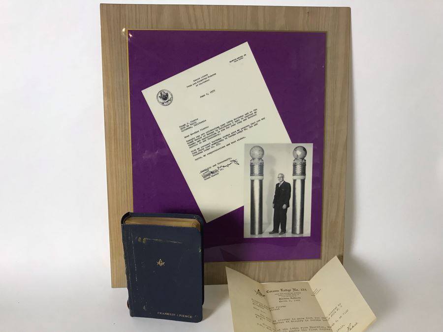 1933 Corona Lodge No. 324 Pasadena, CA Free And Accepted Masons Signed Acceptance Letter, 1922 Inscribed Freemason Bible And Freemason Laminated Poster Celebrating 100th Birthday Of Frank J. Pierce Member Of Corona Lodge No. 324 And Pasadena Lodge No. 272 [Photo 2]