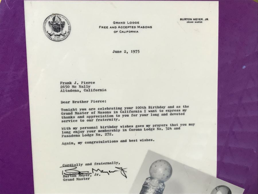 1933 Corona Lodge No. 324 Pasadena, CA Free And Accepted Masons Signed Acceptance Letter, 1922 Inscribed Freemason Bible And Freemason Laminated Poster Celebrating 100th Birthday Of Frank J. Pierce Member Of Corona Lodge No. 324 And Pasadena Lodge No. 272 [Photo 3]