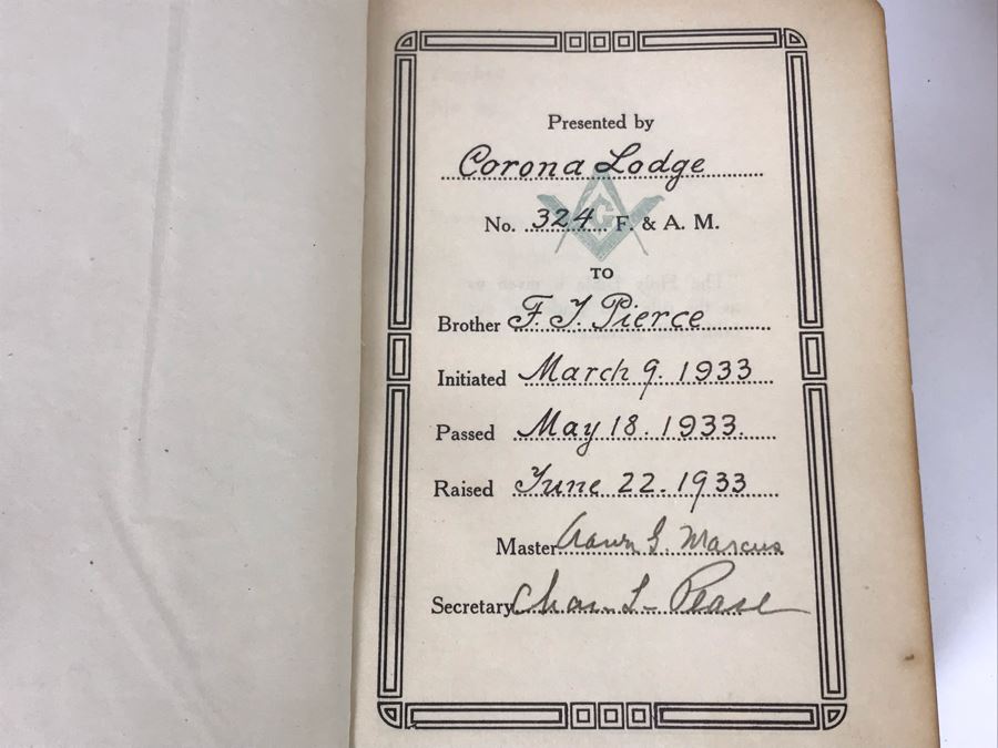 1933 Corona Lodge No. 324 Pasadena, CA Free And Accepted Masons Signed Acceptance Letter, 1922 Inscribed Freemason Bible And Freemason Laminated Poster Celebrating 100th Birthday Of Frank J. Pierce Member Of Corona Lodge No. 324 And Pasadena Lodge No. 272 [Photo 11]