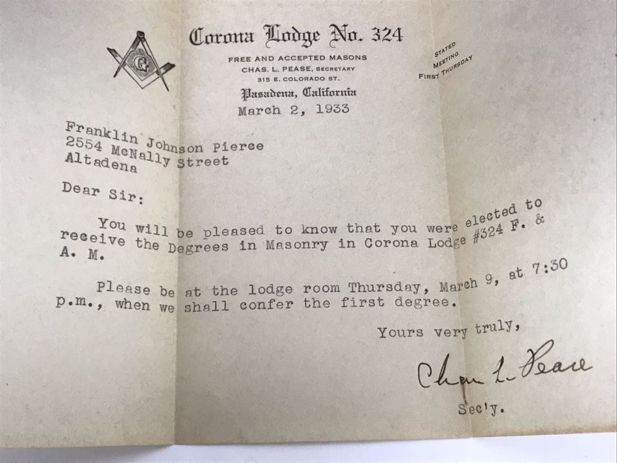 1933 Corona Lodge No. 324 Pasadena, CA Free And Accepted Masons Signed Acceptance Letter, 1922 Inscribed Freemason Bible And Freemason Laminated Poster Celebrating 100th Birthday Of Frank J. Pierce Member Of Corona Lodge No. 324 And Pasadena Lodge No. 272 [Photo 8]