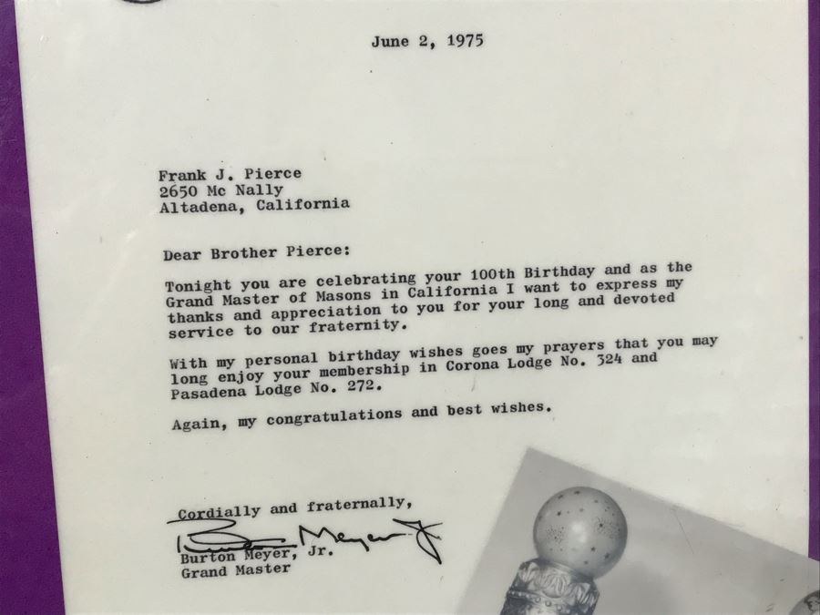 1933 Corona Lodge No. 324 Pasadena, CA Free And Accepted Masons Signed Acceptance Letter, 1922 Inscribed Freemason Bible And Freemason Laminated Poster Celebrating 100th Birthday Of Frank J. Pierce Member Of Corona Lodge No. 324 And Pasadena Lodge No. 272 [Photo 4]