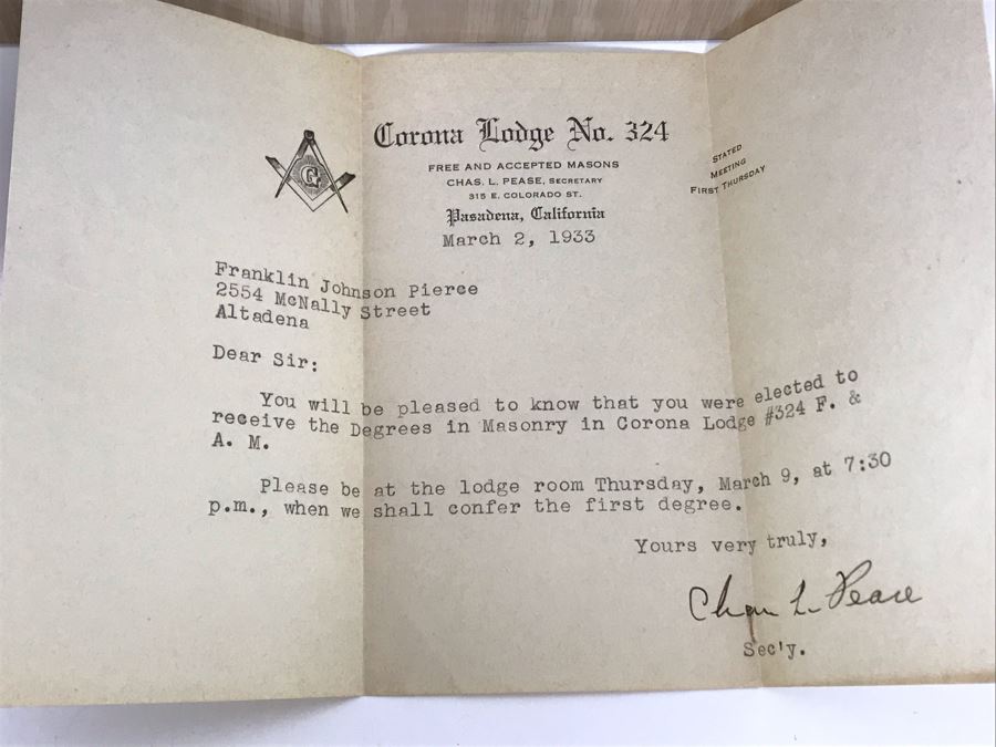 1933 Corona Lodge No. 324 Pasadena, CA Free And Accepted Masons Signed Acceptance Letter, 1922 Inscribed Freemason Bible And Freemason Laminated Poster Celebrating 100th Birthday Of Frank J. Pierce Member Of Corona Lodge No. 324 And Pasadena Lodge No. 272 [Photo 7]