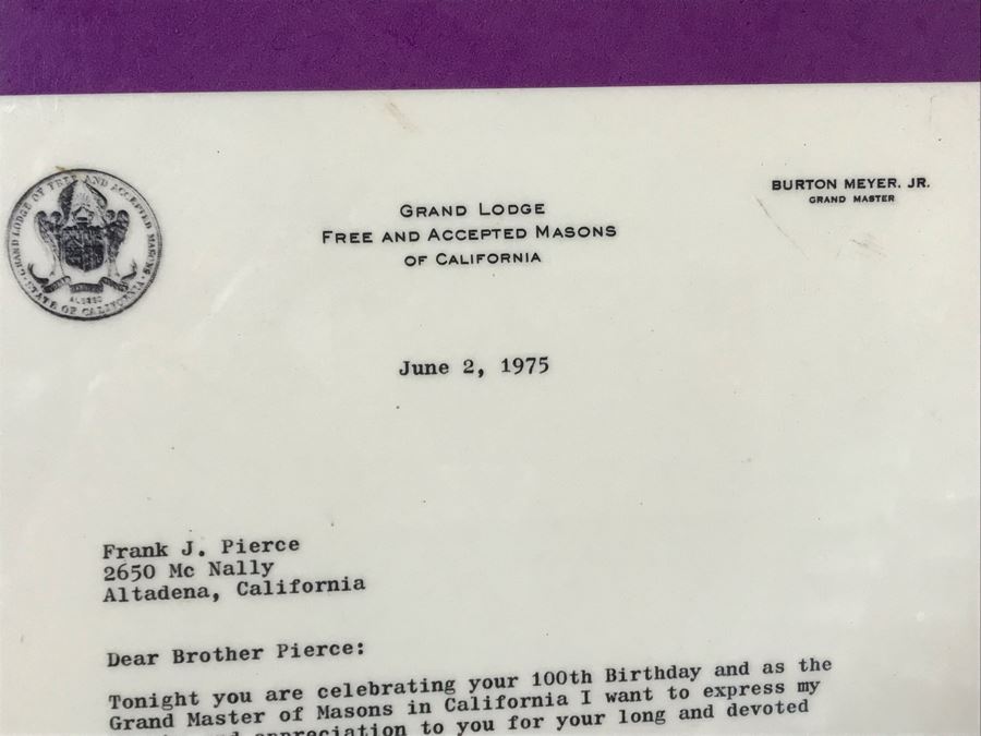 1933 Corona Lodge No. 324 Pasadena, CA Free And Accepted Masons Signed Acceptance Letter, 1922 Inscribed Freemason Bible And Freemason Laminated Poster Celebrating 100th Birthday Of Frank J. Pierce Member Of Corona Lodge No. 324 And Pasadena Lodge No. 272 [Photo 5]