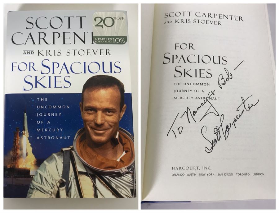 Signed Book For Spacious Skies Signed By Mercury Astronaut Scott Carpenter